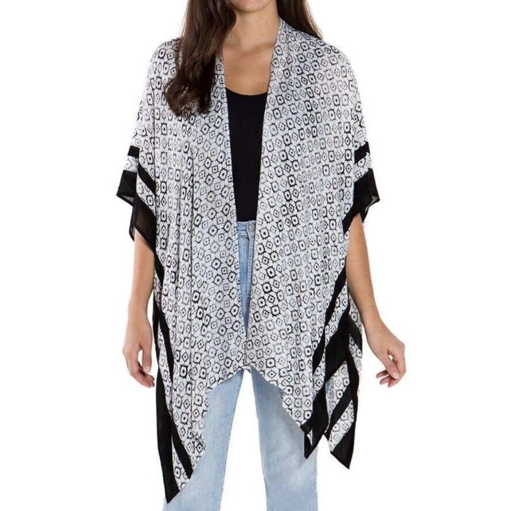 Mario Serrani Women's One Size White Black Italy Floral Kimono Cardigan Viscose